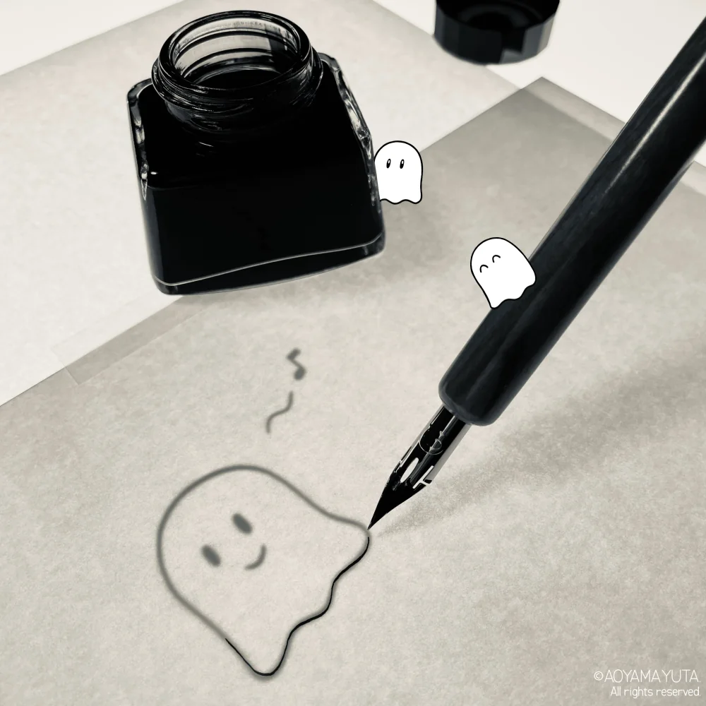 Ink and fountain pen on paper, where analog sensibility meets digital creation.